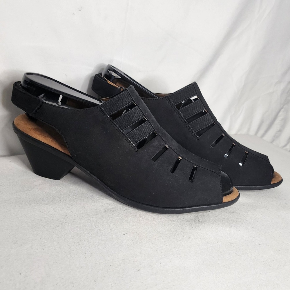 Comfortiva Black Leather Slingback Peep Toe Block Heel Sandals 9.5N 8330041